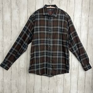 James Tattersall Brown Gray Plaid Soft Microfiber Button Down Shirt Men’s Large